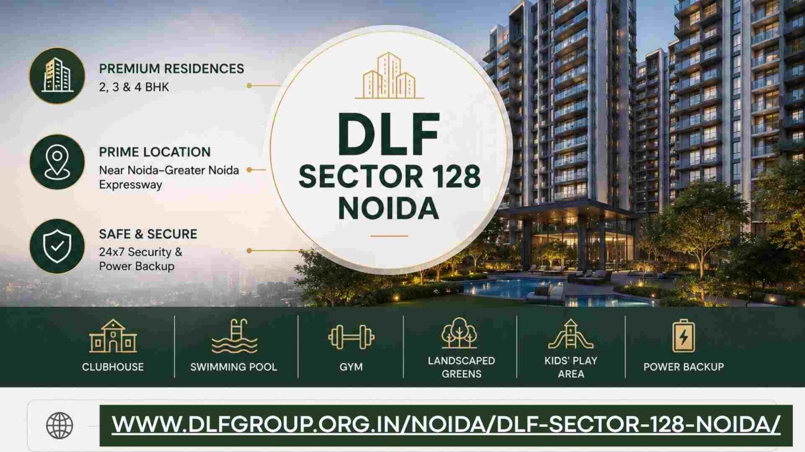 DLF Sector 128 Noida banner showing luxury high-rise buildings with a swimming pool and project highlights like 2, 3, and 4 BHK premium residences near Noida-Greater Noida Expressway.