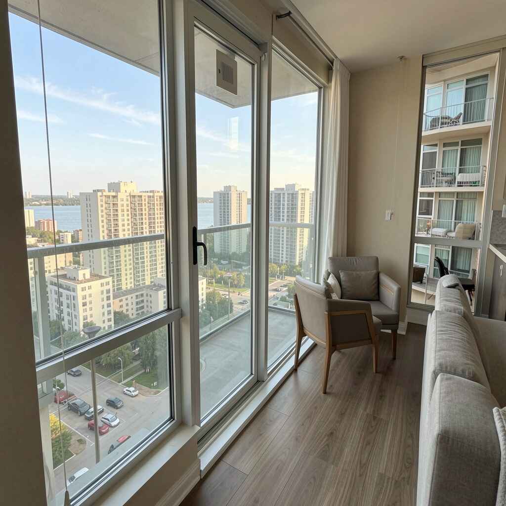 An interior view of a modern apartment living room with wooden flooring, large glass sliding windows, and a glass balcony door showing high-rise buildings outside under a blue sky.