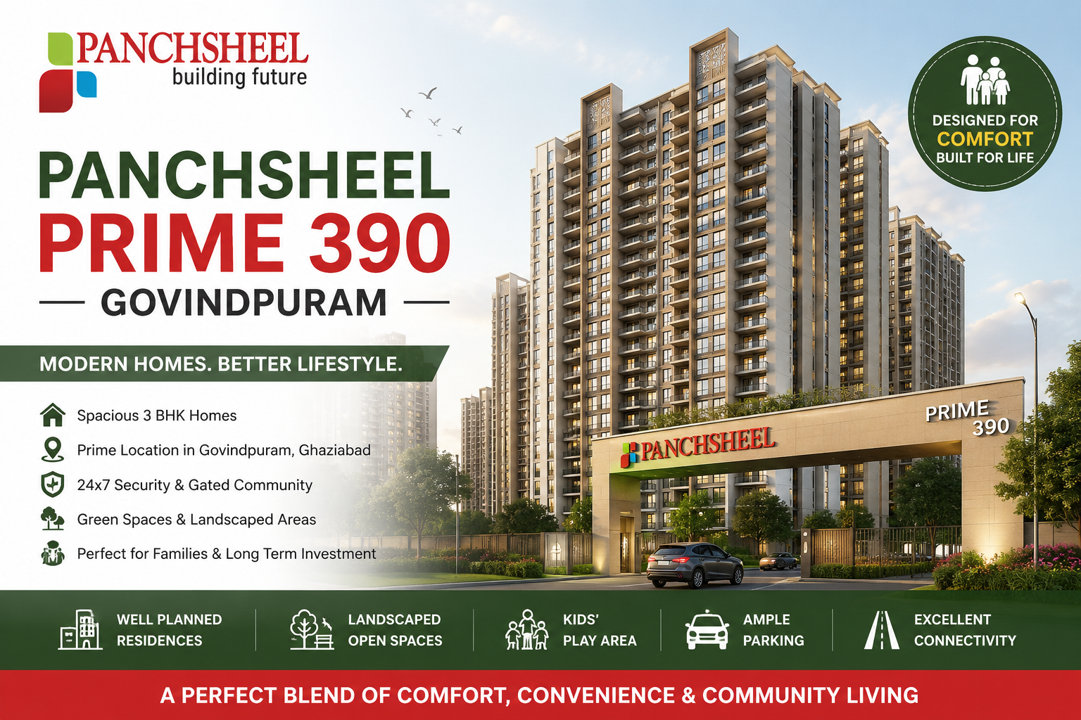 Panchsheel Prime 390 Govindpuram by Panchsheel Group featuring modern 3 BHK apartments with premium amenities in Ghaziabad.