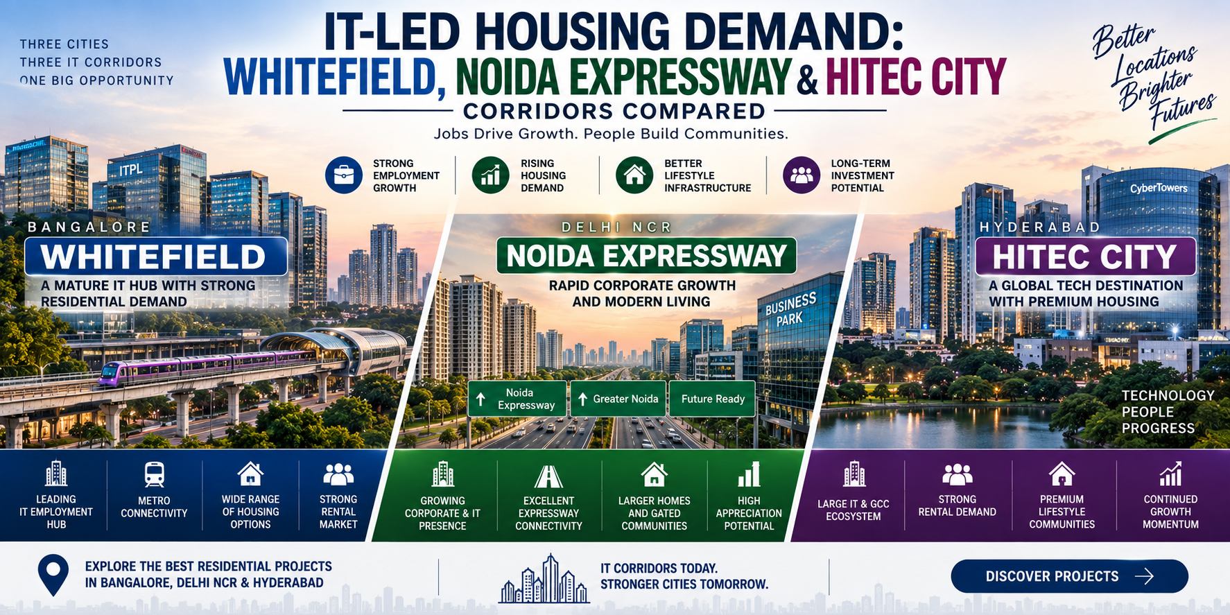 Technology employment has been one of the strongest long-term drivers of urban housing demand in India. When large office clusters expand, they do more than create jobs. They also create demand for apartments, rental housing, schools, retail, transport, restaurants and eventually larger family homes. That makes the Whitefield vs Noida Expressway vs HITEC City housing comparison highly relevant for buyers in 2026. All three corridors are major employment-led property markets, but they are at different stages of maturity. Whitefield in Bengaluru is one of India's most established technology-residential ecosystems. It combines ITPL and EPIP-area offices, global capability centres, Purple Line metro connectivity, large residential supply and some of Bengaluru's deepest rental demand. Noida Expressway is a broader corporate and IT-oriented corridor stretching through sectors such as 125, 126, 127, 128, 132, 135 and adjoining residential clusters. It benefits from direct expressway connectivity, Noida's growing Grade A office market and access to Greater Noida. HITEC City in Hyderabad sits at the heart of the city's western technology ecosystem and connects naturally with Madhapur, Kondapur, Gachibowli, Raidurg and Financial District. It remains one of Hyderabad's strongest office-demand locations. Recent office data demonstrates why this comparison matters. JLL reported that Bengaluru accounted for about 24.7% of India's gross office leasing during H1 2026, the largest share among the major cities. Hyderabad followed among the country's largest contributors, while Delhi NCR also remained a major office market. Technology companies continued to lead leasing nationally, with GCCs accounting for a particularly large share of demand. The residential question, however, is not simply which city has more office space. A buyer evaluating IT corridor apartments should ask: How close is the home to actual employment? How diversified is the office base? Is rental demand strong throughout the year? How expensive have apartments already become? Is new residential supply excessive? Can residents reach offices by metro or expressway? Is the corridor suitable for families, not just tenants? Will the property remain liquid if technology hiring slows? This guide compares Whitefield, Noida Expressway and HITEC City through the relationship between tech employment housing demand, rental depth, property pricing, residential supply and long-term resale potential. 1. Why Technology Employment Creates Strong Residential Demand The strongest office corridor property markets generally share one characteristic: thousands of people need to live within practical commuting distance of the employment district. The process is straightforward. Stage 1: Offices Create Daily Commuters Technology companies, GCCs, consulting firms and financial-services businesses bring: Engineers managers product teams analysts consultants support employees Many initially rent. Stage 2: Rental Housing Deepens As more professionals move into the area, demand grows for: 1 BHK homes 2 BHK apartments shared accommodation premium rentals Rental activity gives investors confidence that homes can generate income. Stage 3: Tenants Become Buyers Professionals who remain in the city begin purchasing homes close to their workplaces. Young couples often move from: rental 1/2 BHK → owned 2/3 BHK This creates end-user demand rather than only investor demand. Stage 4: Families Upgrade As income and household size rise, demand moves toward: Larger 3 BHK homes Premium gated communities Better schools Clubhouses Larger balconies Better social infrastructure This is how an employment corridor evolves into a complete residential market. Why GCC Growth Matters in 2026 India's office market continues to be driven heavily by Global Capability Centres. CBRE reported that GCCs accounted for about 43% of H1 2026 office leasing, while JLL recorded strong GCC growth and technology as the largest sectoral contributor. This matters for residential property because GCC employment often includes: higher-income professionals longer-term corporate operations product and research teams senior management That profile can support premium rental and ownership demand. But IT Demand Does Not Remove All Risk Technology-led housing can still weaken if: hiring slows companies reduce headcount residential prices rise faster than incomes too much new supply enters the market JLL noted that Bengaluru's Q2 2026 residential sales declined 6% quarter-on-quarter, partly because rising values were reducing affordability and premium launches were crowding out mid-segment buyers. Therefore, strong employment helps—but price discipline still matters. 2. Whitefield: Deepest Technology-Housing Ecosystem of the Three Whitefield is arguably the most mature example of employment-led housing demand among these three corridors. It has evolved from an IT suburb into a large residential-commercial city within Bengaluru. Why Whitefield Has Strong Housing Depth The corridor benefits from: International Tech Park Bangalore EPIP and surrounding technology campuses Global capability centres Whitefield Main Road Hoodi Kadugodi Brookefield Varthur-side expansion Purple Line metro connectivity Whitefield also connects with the broader Outer Ring Road and East Bengaluru employment ecosystem. BLR Atlas currently tracks 403 residential projects in Whitefield, including 328 apartment developments, illustrating the sheer scale of the residential market. It places the 2026 locality market average around ₹10,680 per sq. ft. and highlights Whitefield as a major IT-demand and rental market. Current Residential Pricing Different portals calculate asking prices differently, so exact levels vary. Magicbricks' July 2026 data places multistorey apartments in Whitefield at approximately ₹13,375 per sq. ft., while Housing.com shows a locality average of about ₹12,683 per sq. ft. The important trend is that Whitefield is no longer a low-cost IT suburb. What This Means for Buyers Whitefield's major advantage is demand certainty. Potential buyers and tenants include: IT professionals GCC employees senior managers professionals working around ORR families already living in East Bengaluru investors seeking rental demand This gives Whitefield one of the broadest residential audiences. Rental Strength Employment proximity supports rental demand, particularly in: Hoodi Kadugodi Nallurhalli ITPL-side projects metro-connected communities However, rising capital values can reduce rental yields because rents may not increase as fast as purchase prices. New Supply Remains Significant JLL reported Whitefield among the primary submarkets receiving new residential supply in Q2 2026. That creates a mixed situation. Advantages: More project choice Better amenities More branded developers Risks: Resale competition Higher launch premiums Too many similar apartments Whitefield Buyer Profile Whitefield may be strongest for: Technology professionals Long-term end-users Families wanting metro + office connectivity Investors prioritising rental depth For buyers researching Bangalore residential projects, Whitefield remains one of the most defensible employment-led residential markets—but buyers need to watch entry price carefully. 3. Noida Expressway: Corporate Growth, Better Road Connectivity and Wider Residential Choice Noida Expressway operates differently from Whitefield. It is not one concentrated technology district. Instead, it is a linear corporate corridor running alongside the Noida–Greater Noida Expressway. Key office sectors include: Sector 125 Sector 126 Sector 127 Sector 132 Sector 135 surrounding institutional and commercial districts This gives the Noida Expressway housing market strong office access while still allowing buyers to live across a wider range of residential sectors. Current Office Demand JLL reported that Delhi NCR recorded 3.55 million sq. ft. of gross office leasing in Q2 2026, up 16% quarter-on-quarter. Noida accounted for around 30% of NCR net absorption, and Noida Expressway was specifically identified alongside NH-8, Golf Course Extension and SBD Delhi as one of the key submarkets driving office absorption. This is an important signal. It shows that Noida Expressway is not merely a residential corridor—it has real office-market depth. Who Is Creating Demand? Occupier demand includes: IT/ITeS flexible workspace companies consulting corporate services technology firms GCC-related activity Delhi NCR's Q2 leasing mix was more diversified than Bengaluru's, with flex operators leading followed by consulting and IT/ITeS. That diversification can reduce dependence on only one employment sector. Current Residential Pricing Magicbricks' July 2026 data shows average multistorey apartment asking prices along Noida–Greater Noida Expressway at approximately ₹14,146 per sq. ft. That puts the corridor broadly in a similar or higher asking-price band than Whitefield, although direct comparison is imperfect because portals use different inventory pools. Residential Advantages Noida Expressway offers: Wide roads Direct expressway access Metro accessibility in several sectors Large gated communities Relatively modern infrastructure Access toward Greater Noida Another major strength is unit-size diversity. Buyers can choose: Compact 2 BHK Standard 3 BHK Premium large 3 BHK 4 BHK luxury formats Resale Considerations The corridor benefits from a large NCR buyer pool. A resale property may attract: Noida-based families Delhi buyers corporate professionals upgrade buyers investors However, sector quality varies. An occupied project close to an office hub may have strong liquidity, while a newer isolated sector could take longer to mature. Noida Expressway Buyer Profile The corridor may be especially suitable for: NCR corporate professionals Families wanting larger homes Buyers prioritising road connectivity Investors seeking diversified employment demand Buyers comparing Delhi NCR upcoming projects should consider the exact office-to-home commute rather than assuming every expressway sector behaves similarly. 4. HITEC City: Hyderabad's Most Concentrated Technology Housing Demand Engine HITEC City is one of India's most mature technology employment districts. Its residential influence extends well beyond the official HITEC City boundaries into: Madhapur Kondapur Kothaguda Raidurg Gachibowli Financial District western Hyderabad This creates a large interconnected tech employment housing demand zone. Office Demand Remains Strong JLL reported Hyderabad office gross leasing of about 1.77 million sq. ft. in Q2 2026, up 4.7% year-on-year. Knight Frank's earlier H1 2025 data also showed how dominant HITEC City remains within Hyderabad's office market: HITEC City alone accounted for 61% of leasing in the city's SBD locations, with very low vacancy in Grade A buildings. The underlying employment base includes: IT services GCCs product companies consulting BFSI global corporates JLL reported that GCCs accounted for 42.9% of Hyderabad's Q1 2026 office leasing. Why This Supports Housing Professionals working in HITEC City can choose housing across a large western Hyderabad belt. This creates demand in: HITEC City itself Kondapur Madhapur Gachibowli Narsingi Kokapet Unlike a purely speculative corridor, the residential demand is tied to a mature employment ecosystem. Current Prices Magicbricks' July 2026 data places HITEC City multistorey apartments at an average of approximately ₹11,311 per sq. ft. Housing.com shows an average around ₹10,422 per sq. ft., again illustrating that different portal datasets produce different exact levels. The practical conclusion is that HITEC City has become a premium but not necessarily ultra-luxury-only market. Housing Supply Is Spreading Outward The strongest new residential development is increasingly located in nearby areas rather than directly inside the core office district. This includes: Kokapet Neopolis Narsingi Tellapur Financial District This creates a broader residential catchment but also introduces significant competing supply. HITEC City Buyer Profile The corridor is strong for: Hyderabad IT professionals GCC employees corporate families investors focused on rental demand buyers wanting proximity to western employment hubs Its major strength is the concentration of employment. Its major risk is that surrounding premium residential areas are adding large amounts of new supply. 5. Whitefield vs Noida Expressway vs HITEC City: Direct Housing Comparison The best way to compare Whitefield vs Noida Expressway vs HITEC City housing is through multiple factors rather than price alone. Employment Depth Whitefield Very strong technology ecosystem with Bengaluru's broader GCC and IT market behind it. Noida Expressway Strong and increasingly diversified corporate demand across IT, flex, consulting and services. HITEC City Extremely concentrated technology and GCC employment base within western Hyderabad. Current Office Momentum Market Current Office Signal Bengaluru / Whitefield ecosystem Bengaluru led India leasing share in H1 2026 Noida Expressway / NCR Noida accounted for ~30% of NCR net absorption in Q2 Hyderabad / HITEC ecosystem Hyderabad leasing grew 4.7% YoY in Q2 Current Residential Asking-Price Indicators Corridor Approx. 2026 Portal Asking Rate Whitefield ₹12,700–₹13,400/sq. ft. Noida Expressway ~₹14,150/sq. ft. HITEC City ₹10,400–₹11,300/sq. ft. These are portal-level asking indicators, not registered transaction prices, and should not be directly compared as exact valuations. Rental Demand Whitefield: Very strong due to IT employment, metro access and long-established residential stock. Noida Expressway: Strong near office sectors and established residential clusters; demand is more sector-dependent. HITEC City: Very strong in the core western employment ecosystem, particularly among technology and corporate professionals. Family Suitability Whitefield offers: Schools malls hospitals metro long-established residential neighbourhoods Noida Expressway offers: Wide roads larger apartments gated communities NCR-wide connectivity HITEC City offers: short commute to major offices mature social infrastructure access to surrounding premium residential markets Direct Comparison Factor Whitefield Noida Expressway HITEC City IT employment depth Excellent Strong Excellent GCC exposure Very High Growing Very High Rental demand Very Strong Strong Very Strong Metro/transit Strong Good Strong urban connectivity Residential choice Very High Very High High Price pressure High High Moderate–High Supply competition High Sector-specific High in western Hyderabad Family infrastructure Mature Mature in stronger sectors Mature Resale depth Very Strong Strong Strong–Very Strong Overall Employment-Housing Strength For pure technology employment depth: Whitefield and HITEC City lead. For diversified corporate demand: Noida Expressway has an advantage. 6. Which Corridor Is Better for Buyers, Investors and Long-Term Families? There is no universal winner. The right office corridor property depends on the buyer's objective. Choose Whitefield If: You work in Bengaluru's eastern technology ecosystem Rental demand matters Metro connectivity is important You want an established residential market You intend to hold long term Whitefield's biggest strength is the depth of both employment and residential demand. Its biggest challenge is pricing. A buyer should avoid paying a large premium simply because the project carries a prestigious brand. Choose Noida Expressway If: You work in Noida or the broader NCR corporate ecosystem You want larger apartment options Expressway connectivity matters You want diversified employment demand You value NCR-wide resale buyer depth Its biggest strength is choice. Its risk is micro-market inconsistency. A project in one expressway sector can perform very differently from another. Choose HITEC City If: You work in Hyderabad's western technology ecosystem Short office commute matters Rental demand is important You want access to Gachibowli and Financial District You prefer Hyderabad's premium western residential market Its greatest advantage is concentrated employment. Its main risk is premium supply growth across Kokapet, Neopolis and neighbouring locations. Investor Decision Framework Buyer Priority Strongest Candidate Deepest tech ecosystem Whitefield Diversified corporate employment Noida Expressway Core tech-office proximity HITEC City Strong rental depth Whitefield / HITEC City Larger homes across budgets Noida Expressway Metro-oriented tech housing Whitefield Premium western-city ecosystem HITEC City NCR-wide buyer pool Noida Expressway What Matters More Than the City Regardless of corridor, buyers should prefer properties with: Multiple employment hubs nearby Practical commute Strong occupancy Good maintenance Recognised developer Mainstream configuration Healthy rental demand Rational entry price This combination generally provides better protection if office-market conditions change. FAQs About Whitefield vs Noida Expressway vs HITEC City Housing 1. Which IT corridor has the strongest housing demand? Whitefield and HITEC City both have exceptionally deep technology-led housing demand because they are mature employment centres. Whitefield benefits from Bengaluru's broader GCC ecosystem, while HITEC City anchors western Hyderabad's technology corridor. Noida Expressway also has strong demand but its occupier base is more diversified across IT, consulting, flex and other corporate sectors. 2. Is Whitefield still good for property investment in 2026? Whitefield remains one of Bengaluru's strongest employment-led residential markets. However, asking prices have risen substantially, with current portal indicators around ₹12,700–₹13,400 per sq. ft. Buyers should therefore focus on project quality, metro access and entry valuation rather than assuming future appreciation will match previous years. 3. Is Noida Expressway an IT corridor? Yes, but it is broader than a pure IT corridor. Noida Expressway includes technology, consulting, flexible workspace, institutional and corporate office demand. JLL reported that Noida accounted for about 30% of Delhi NCR net office absorption in Q2 2026, with Noida Expressway among the major absorption corridors. 4. Does HITEC City have stronger rental demand than Kokapet? HITEC City generally benefits from more immediate office-driven rental demand because it sits inside the mature employment core. Kokapet offers newer premium supply and Financial District access, but its rental dynamics can depend more heavily on individual project positioning and ticket size. 5. Which corridor is more affordable in 2026? On the reviewed portal asking-price indicators, HITEC City appears lower on a per-square-foot basis than Whitefield or Noida Expressway. However, configuration size, project brand and exact locality can reverse that comparison. Buyers should compare total ticket size rather than only rate per square foot. 6. Which corridor has better long-term resale demand? Whitefield has arguably the most consistent technology-led resale depth. Noida Expressway benefits from the large NCR buyer pool, while HITEC City benefits from a mature western Hyderabad employment ecosystem. In all three markets, the exact project, price and micro-location matter more than the corridor name alone. Conclusion: Which IT-Led Housing Corridor Offers the Strongest Opportunity? The Whitefield vs Noida Expressway vs HITEC City housing comparison shows why employment corridors continue to be among India's strongest residential markets. Whitefield offers the deepest combination of technology jobs, metro connectivity, rental demand and mature residential infrastructure. Bengaluru also remains India's leading office-leasing market, supported heavily by GCCs and global occupiers. Noida Expressway offers a broader corporate ecosystem rather than a purely technology-led market. Its strengths include major office absorption, direct expressway connectivity, larger residential options and access to the wider Delhi NCR buyer pool. HITEC City remains one of Hyderabad's most powerful housing-demand engines because of its concentrated technology and GCC employment base. Hyderabad continued to record healthy office leasing in 2026, reinforcing the long-term residential relevance of the western corridor. For buyers evaluating IT corridor apartments, the strongest decision should combine: Employment depth Office-to-home commute Public transport Rental demand Family infrastructure Apartment ticket size Residential supply Project occupancy Future resale depth Developer credibility The core principle is simple: Office demand can create housing demand, but the best property is the one where employment access, affordability and residential quality remain balanced. Buying close to a famous tech park is not enough. The strongest tech employment housing demand investment is usually a home that professionals can afford, families can comfortably live in and future buyers will still want when it is time to resell.